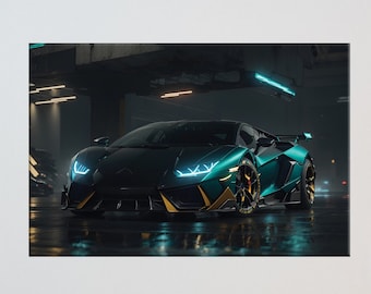 PRINTABLE Captivating Digital Artwork of a Black Lamborghini in an Urban Underground Garage | Unleash the Night Black Lamborghini