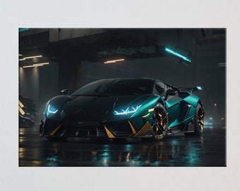 PRINTABLE Captivating Digital Artwork of a Black Lamborghini in an Urban Underground Garage | Unleash the Night Black Lamborghini