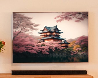PRINTABLE  Digital Artwork Showcasing a Japanese Castle in a Cherry Blossom Forest | Japanese Castle Amidst a Blossoming Forest