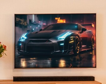 PRINTABLE Captivating Digital Artwork of a Black Matte Nissan GT-R in the Rain | Own a Captivating Digital Artwork of a Black Nissan GT-R