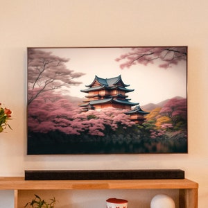 PRINTABLE  Digital Artwork Showcasing a Japanese Castle in a Cherry Blossom Forest | Japanese Castle Amidst a Blossoming Forest