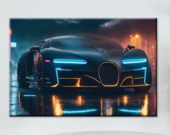 PRINTABLE Stormy Elegance: Black Bugatti in the Rain |  Experience the Intense Beauty of a Black Bugatti in the Rain