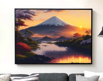 PRINTABLE Serene Digital Artwork of a Japanese Mountain and River at Sunrise | Amazing Japanese Atmosphere in your Home with This Artwork