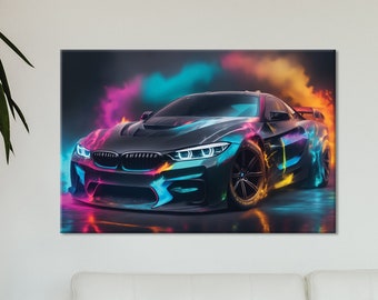 PRINTABLE Striking Digital Artwork of a Black Matte BMW in Neon Brilliance Digital Artwork of a Black Matte BMW Illuminated in  Neon Colors