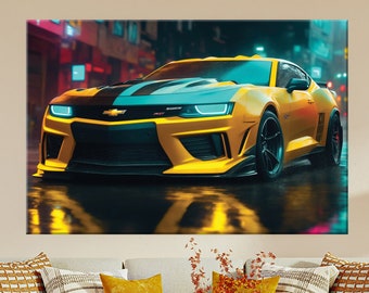 PRINTABLE  Captivating Digital Artwork of a Yellow Chevrolet Camaro in the Rain | Rainy Elegance: Yellow Camaro Gliding Through the Rain