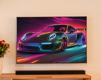 PRINTABLE Striking Digital Artwork of a Black Matte Porsche Aglow in Neon Colors | Digital Artwork of a Black Matte Porsche in Radiant Neon