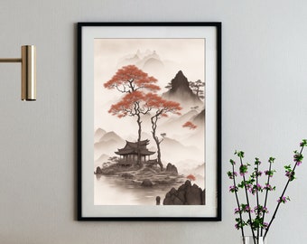 PRINTABLE  Vietnamese Village and Majestic Mountains in Watercolor DIGITAL Artwork | Step into beauty of Vietnam with this  digital artwork