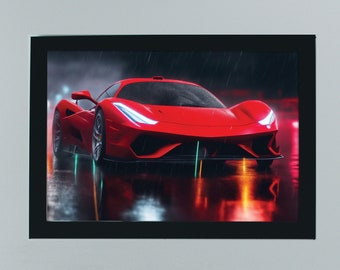 PRINTABLE  Striking Digital Artwork of a Red Matt Ferrari Braving the Rain |  Own a Digital Artwork of Red Ferrari Gliding Through the Rain