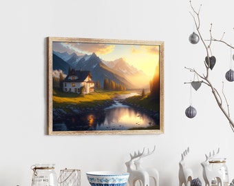 PRINTABLE Cottage by the River in the Alps During Sunrise DIGITAL Artwork Create an amazing atmosphere of the Alpine mountains in your Home