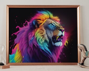PRINTABLE Captivating Digital Artwork of a Neon Lion |  Elevate Your Space with a Digital Artwork of a Majestic Lion in Vibrant Colors