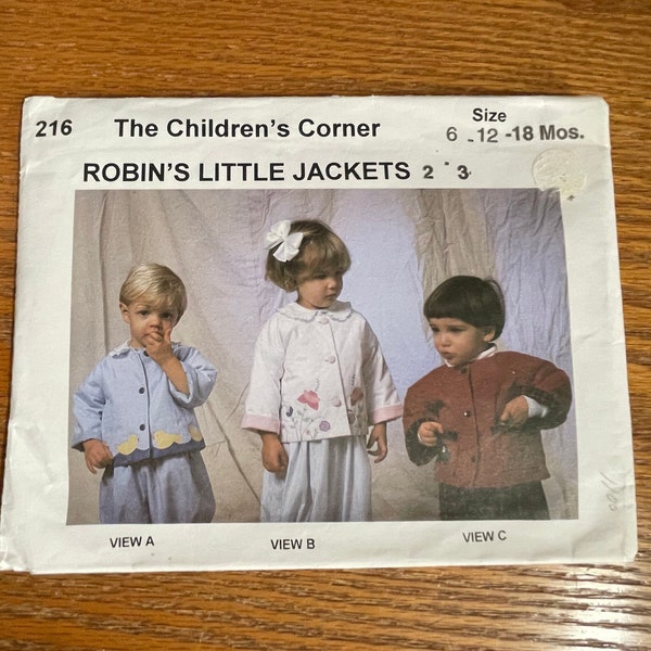 UNCUT Pattern/Child's Jacket/The Children's Corner Sewing Pattern/Robin's Little Jacket 216/Size 6-12-18 Mos/Vintage 1998/RTS