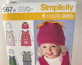 CUT and Complete Pattern/Toddlers' Jumper/Top/Pants/Knit Top/Hat/Simplicity 1567 Sewing Pattern, Size A  (1/2 - 4)