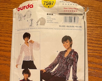 CUT Pattern/Misses Blouse/Sewing Pattern Burda 7597/Size 8-10-12-14-16-18-20/Vintage 1980s