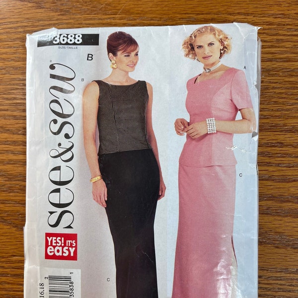 CUT Sewing Pattern/Misses Top and Long Skirt/Easy Butterick See & Sew 3688/Formal Wear/Size 14-16-18/Vintage 2002
