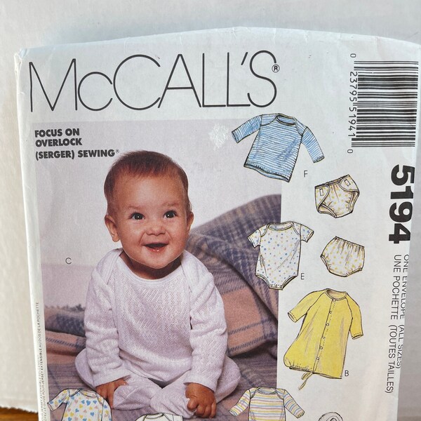 UNCUT Pattern/Infants Bunting/Gown/Jumpsuit/Shirt/Pants/Diaper Cover/Sewing Pattern McCalls 5194 - Size NB-S-M-L/Factory Folded/Vintage 1991