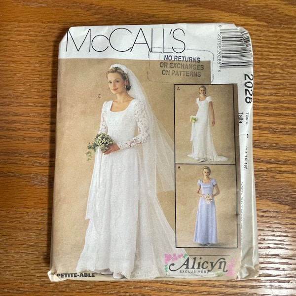 Uncut Pattern/Misses Gown/Sewing Pattern/Petite-able/McCalls 2028/Alicyn Exclusives/Bridal Gown/Prom Dress/Various Sizes/Vintage 1999/RTS