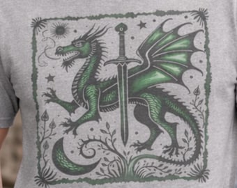 Celtic Dragon Shirt, Block Print Tee, Medieval Fantasy Top, Castlecore Clothing, Viking Dragon Gift, Knightcore Design Renaissance Fair Wear