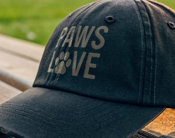 Dog Mom Hat Dog Dad Hat - Paws & Love Distressed Dad Cap, Paw Print Cotton-Twill Baseball Hat, Gift for Dog Lovers