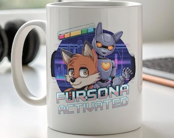 Furry Mug Fursona Activated Pixel Art Coffee Cup, Retro Gaming Furry Gift, Cute Fox Robot Character Mug for Furries, Geeky Animal Lover