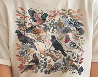 Maglietta con piccione, maglietta con uccello botanico, maglietta vintage con piccione, regalo per nerd degli uccelli, maglietta per birdwatcher, maglietta per amanti della natura, arte urbana degli uccelli