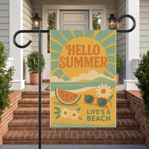 Summer Garden Flag - Hello Summer Garden Flag - Hello Summer Flag - Retro Summer Flag Outdoor - Summer Welcome Flag