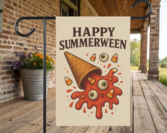 Summerween Garden Banner Flaga na Halloween w lecie - Waffle Cone Ice Cream Dekoracja na Halloween - Upiorna letnia flaga na imprezę zewnętrzną (12×18)