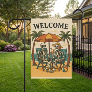 Summerween Garden Flag, Halloween in Summer Decor, Outdoor Decor, Spooky Summer Design, Skeleton Garden Flag, Beach Skeleton Flag