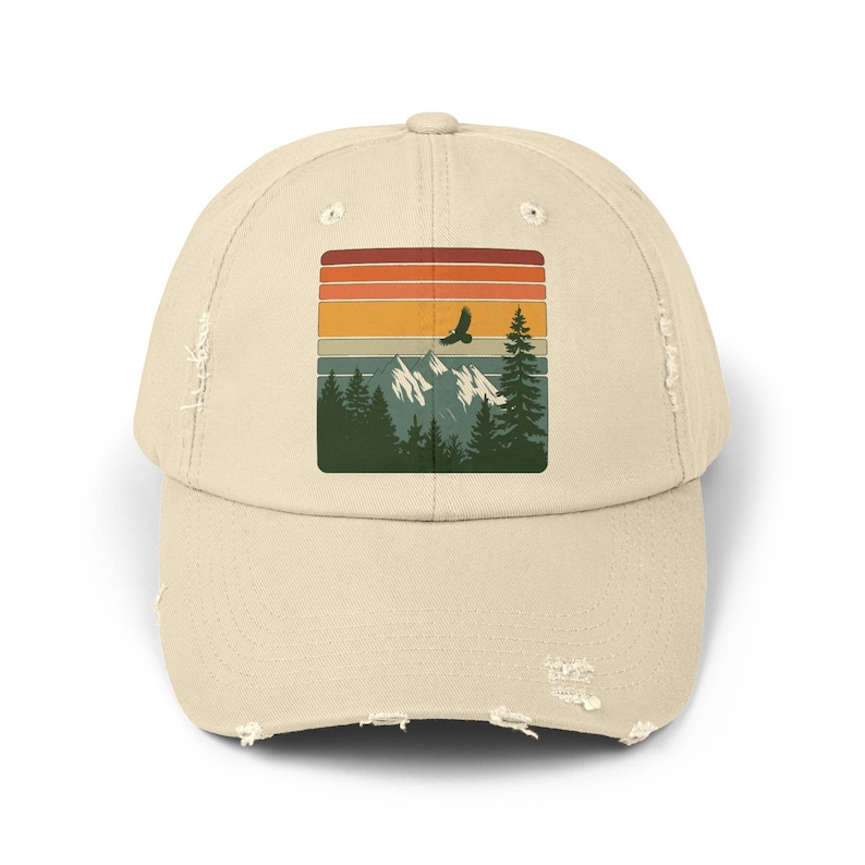 National Park Hat - Retro Sunset Mountain Dad Cap, Distressed Vintage Hiking Dad Hat, Cotton Twill Adventure Gift Stone