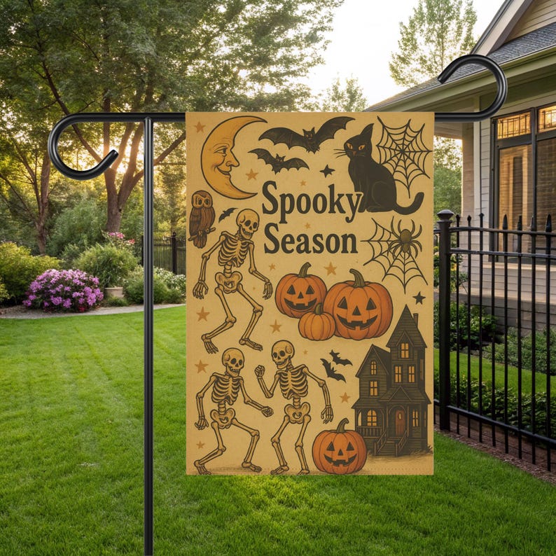 Vintage-style 12×18″ Halloween garden flag featuring a retro mustard-tone background with “Spooky Season” text, dancing skeletons, carved jack-o’lanterns, a haunted house silhouette, black cat, bats, spider webs, an owl and crescent moon—perfect spooky season outdoor décor.