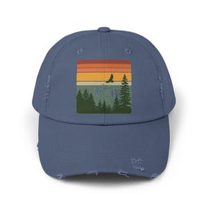 National Park Hat - Retro Sunset Mountain Dad Cap, Distressed Vintage Hiking Dad Hat, Cotton Twill Adventure Gift Scotland Blue