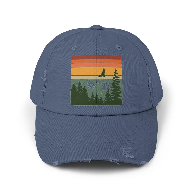 National Park Hat - Retro Sunset Mountain Dad Cap, Distressed Vintage Hiking Dad Hat, Cotton Twill Adventure Gift Scotland Blue