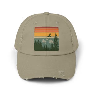 National Park Hat - Retro Sunset Mountain Dad Cap, Distressed Vintage Hiking Dad Hat, Cotton Twill Adventure Gift Light Olive