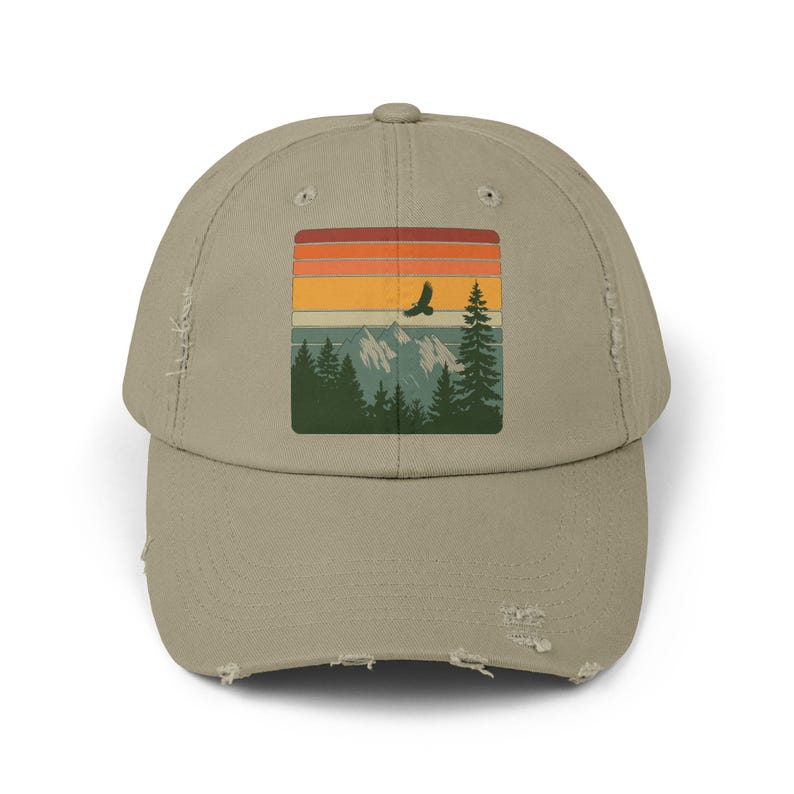 National Park Hat - Retro Sunset Mountain Dad Cap, Distressed Vintage Hiking Dad Hat, Cotton Twill Adventure Gift Light Olive
