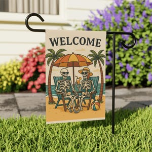 Skeleton Garden Flag - Spooky Garden Flag - Beach Skeleton Flag - Summer Skeleton Flag - Halloween Garden Flag image 3