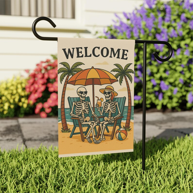 Skeleton Garden Flag - Spooky Garden Flag - Beach Skeleton Flag - Summer Skeleton Flag - Halloween Garden Flag image 3