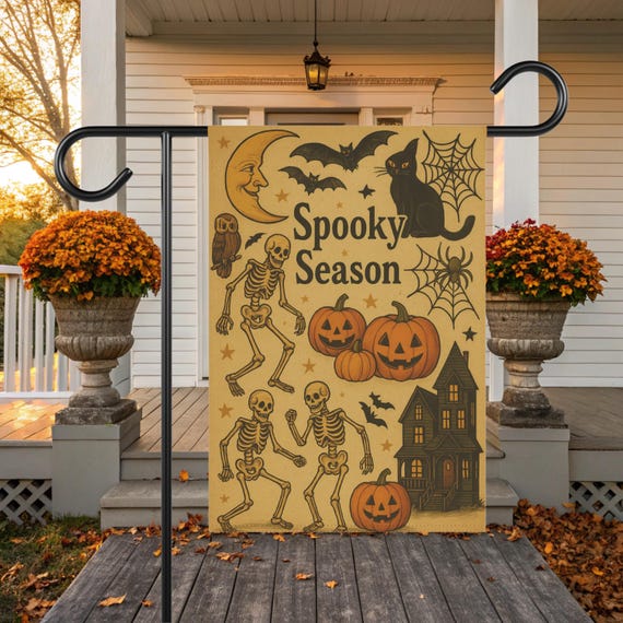 Spooky Garden Flag - Vintage Halloween Decor, Retro Haunted House & Dancing Skeletons Flag with Black Cat and Witch Pumpkin for Fall Porch
