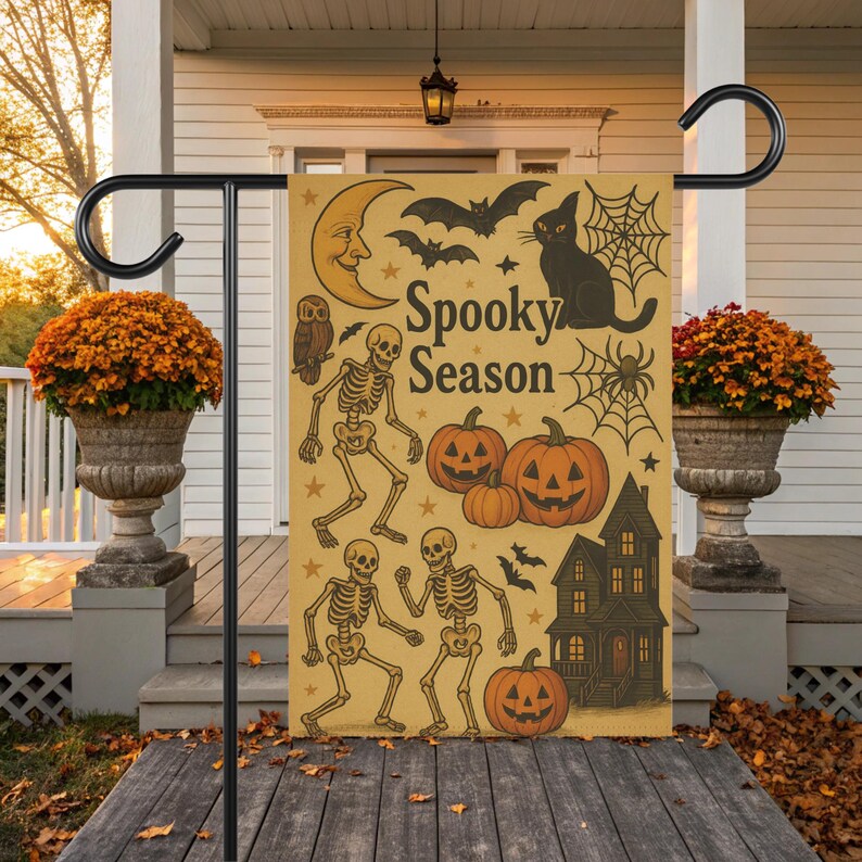 12×18″ double-sided vintage Halloween garden flag with mustard-tone background and retro spooky season design featuring dancing skeletons, carved jack-o’lanterns, a haunted house silhouette, bats, a black cat, spider webs, an owl and crescent moon—perfect for a spooky garden flag