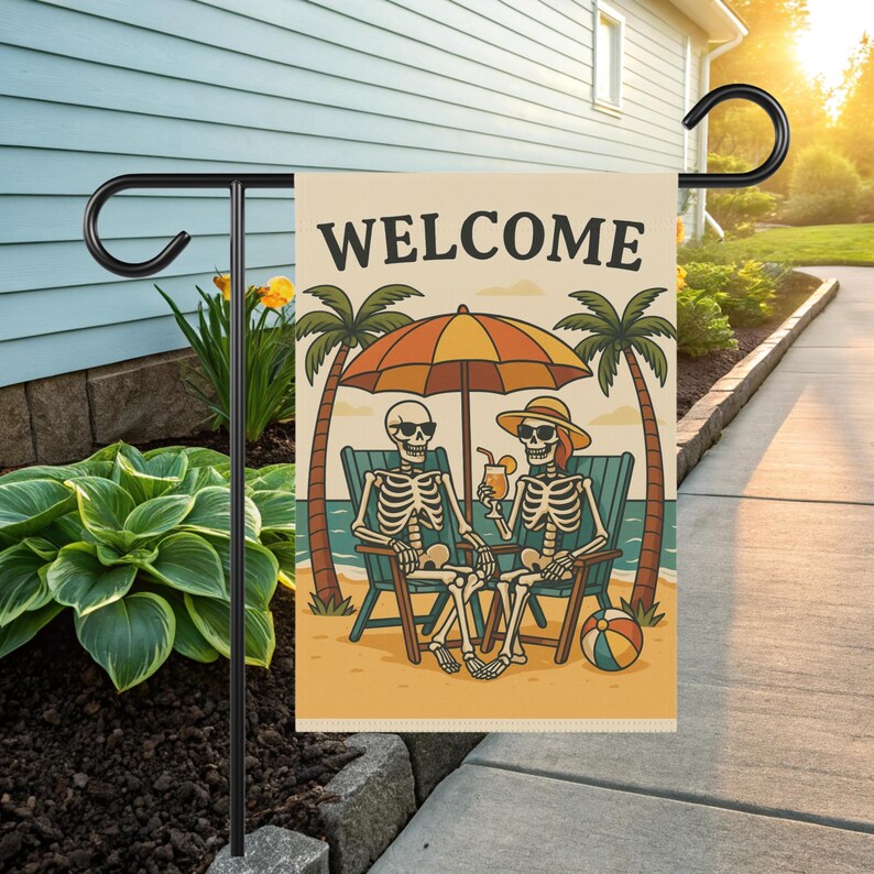 Skeleton Garden Flag - Spooky Garden Flag - Beach Skeleton Flag - Summer Skeleton Flag - Halloween Garden Flag image 5
