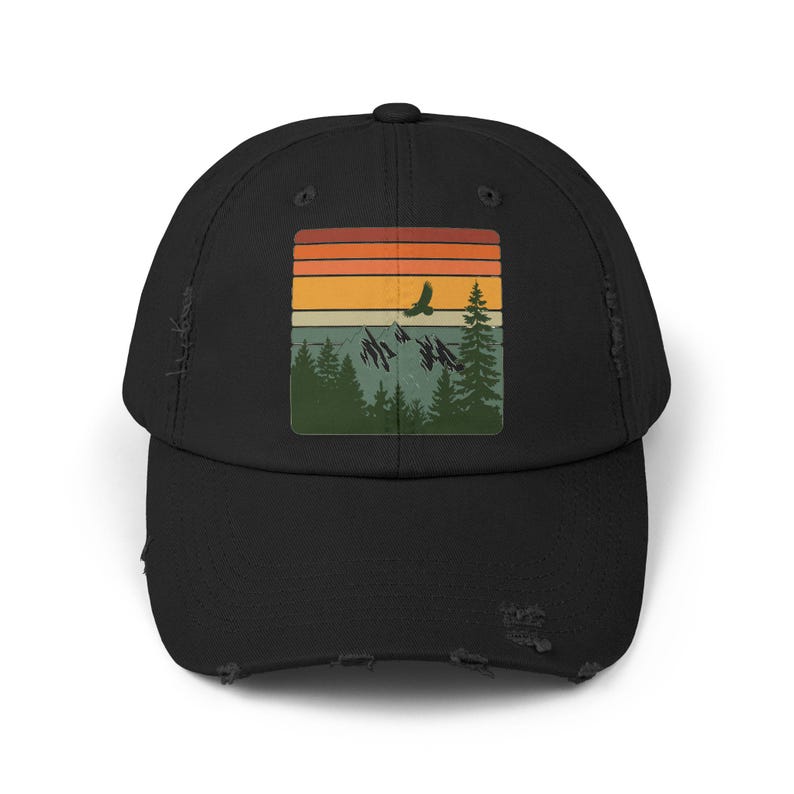 National Park Hat - Retro Sunset Mountain Dad Cap, Distressed Vintage Hiking Dad Hat, Cotton Twill Adventure Gift Black