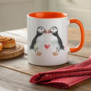 Puffin Couple Mug - Seabird Coffee Cup for Couples - Atlantic Puffin Ceramic 11 oz and 15 oz - Valentine's Gift for Bird Lovers