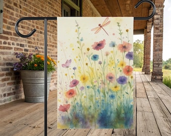 Wildflower Garden Flag - Spring Garden Flag - Dragonfly Garden Flag - Watercolor Floral Flag - Gift for Her Mom