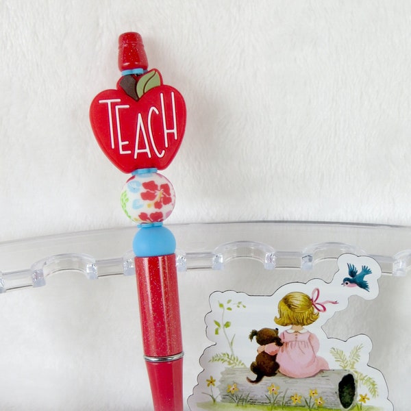 Beaded Ink Pen-Red Apple-TEACH-Teacher Gift-Gift-Silicone Beads-Focal