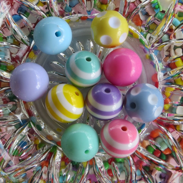 Acrylic Beads-Pastels-Dots-Stripes-Solids-EASTER EGG-20mm-2mm hole-Beaded Pens, necklace, bubble gum-Supplies