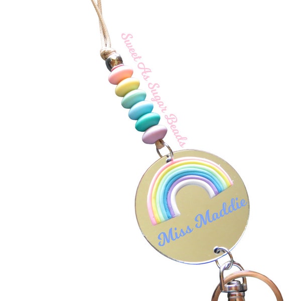 Break Away Lanyard-Teacher-PASTEL-SUGAR-Pop-Rainbow-Mirrored-Teaching-Silicone Beads-Rainbow-Name Badge-ID-Swipe Card