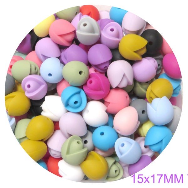 Silicone Beads-TULIPS-Flowers-15mmx17mm-wristlet-pens-Colorful Mix