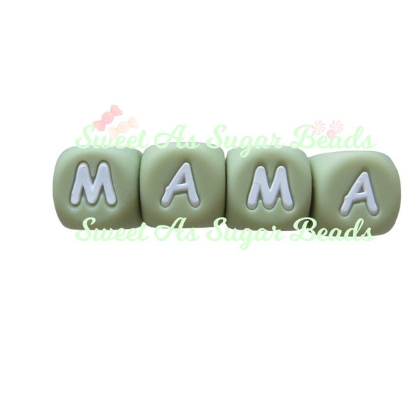 Silicone printed letter beads-MAMA-12mm-Sage Green