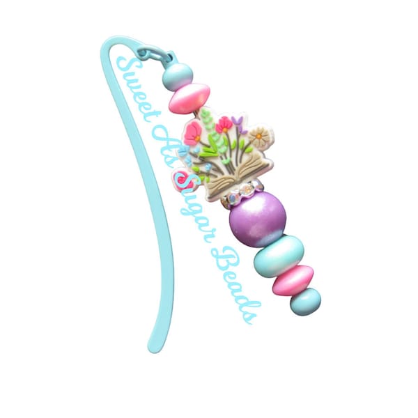 Beaded Bookmark-Book Mark-Book with Flowers-Gift-Silicone Beads-Focal