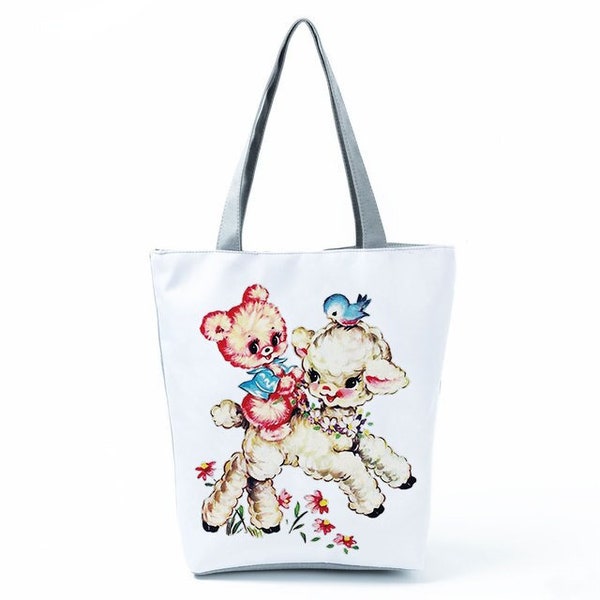 Tote Bag-Travel-School-Kitsch-Kitschy-Lamb and Bear-Kawaii