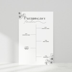 May include: A wedding day timeline with a floral design. The timeline includes the following events: 2 PM Cocktail Hour, 3 PM Cocktail Hour, 5 PM First Dance, 5:30 PM Dinner is Served, and 7 PM Fireworks.