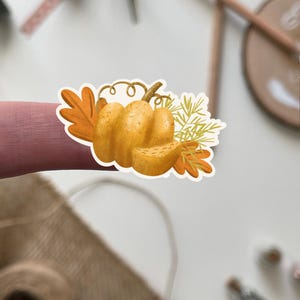 K&ouml;nnte beinhalten: Ein Aufkleber mit einer handgezeichneten Illustration eines K&uuml;rbisses mit Bl&auml;ttern und Ranken. Der K&uuml;rbis ist orange und hat eine strukturierte Oberfl&auml;che. Die Bl&auml;tter sind gr&uuml;n und braun.